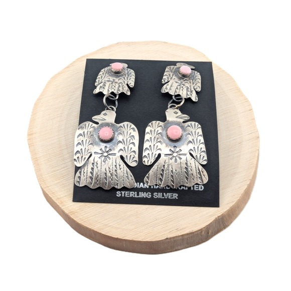Handmade Navajo Sterling Silver Signed Earrings Thunderbird w Pink Conch Shell * - Picture 3 of 12
